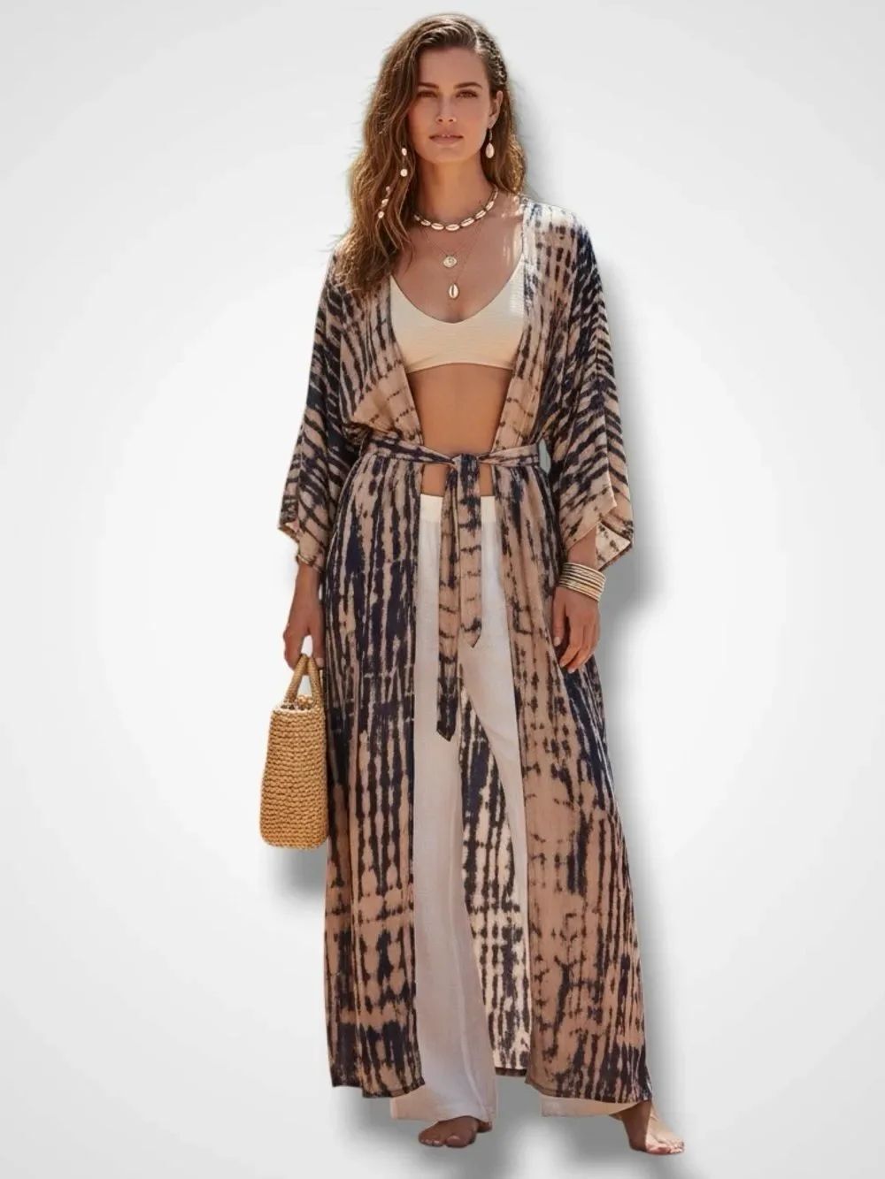 Navy Tan Tie Dye Maxi Kimono Cover Up